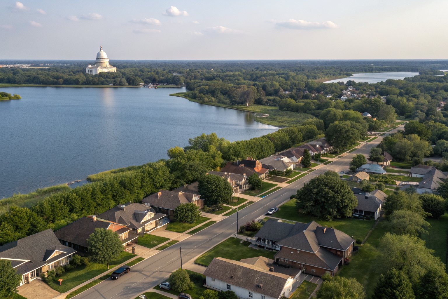 Aerial view of shingle-roofed homes on a strip of land between two lakes, with a domed capitol on the horizon