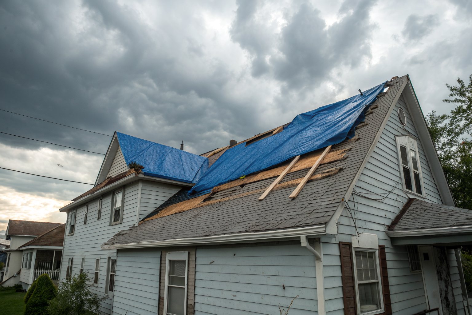 A blue tarp nailed over a storm-damaged section of a house's shingle roof