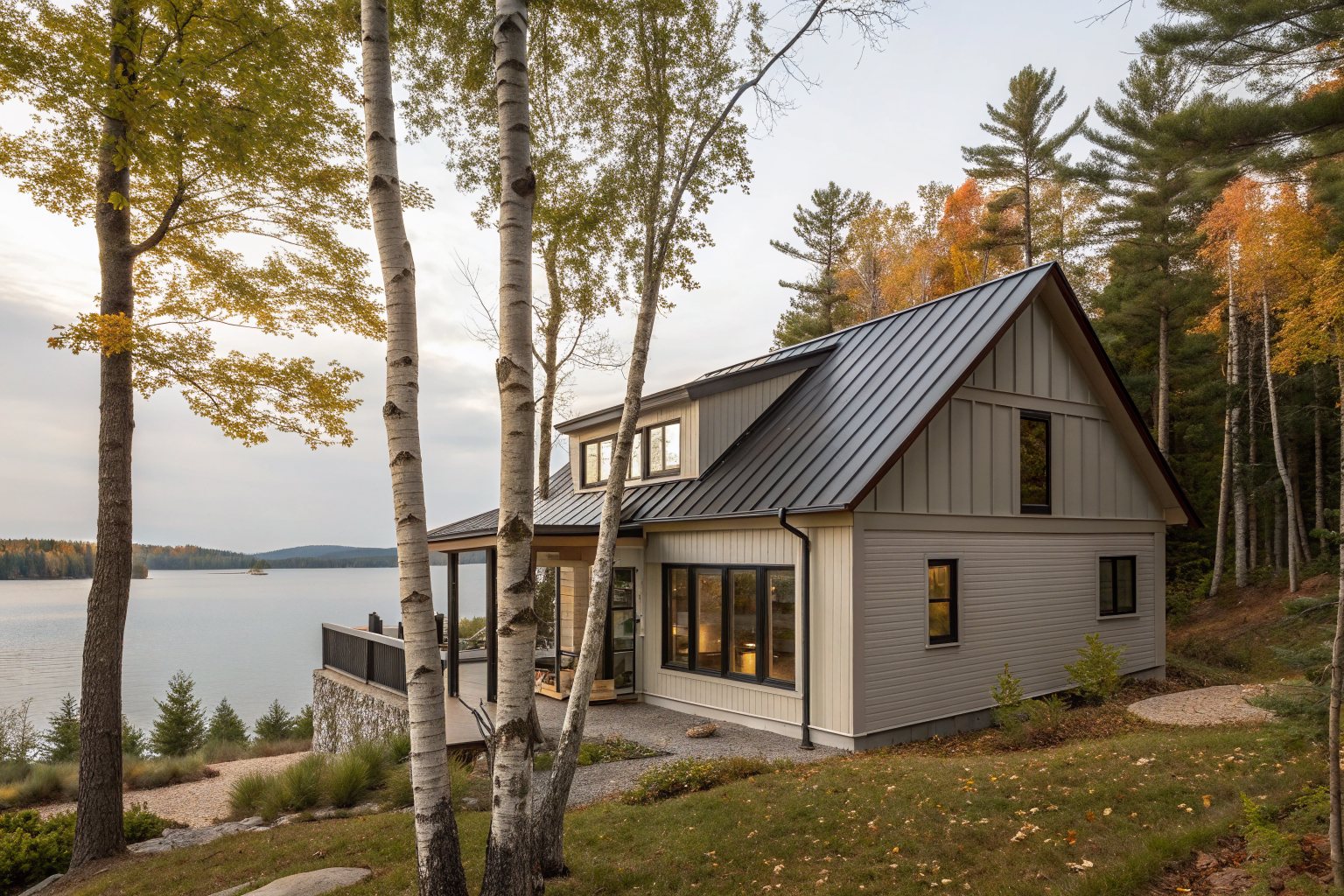 A lakeside cottage with board-and-batten siding and a dark bronze standing-seam metal roof
