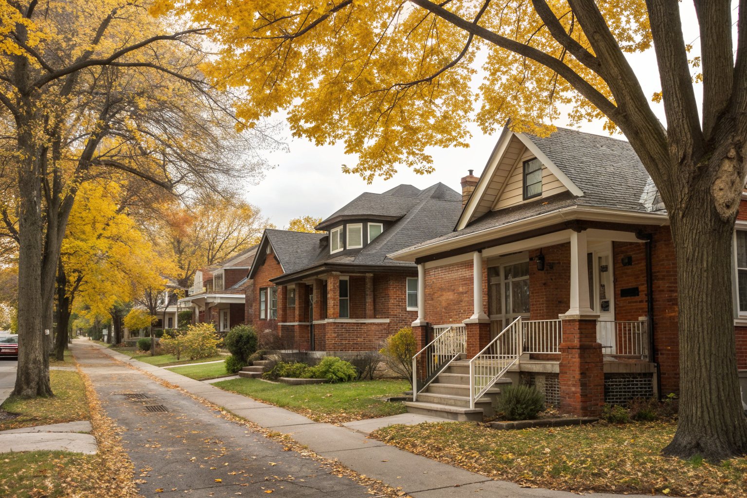 A row of 1920s brick bungalows with gabled shingle roofs on a street lined with yellow maples