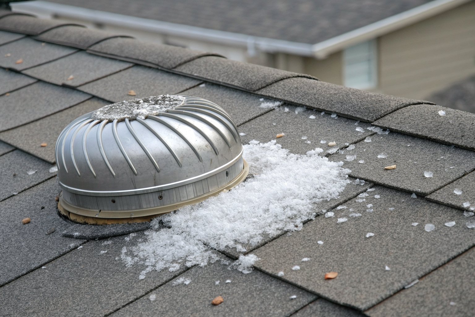 Hailstones piled against a metal roof vent on a gray shingle roof