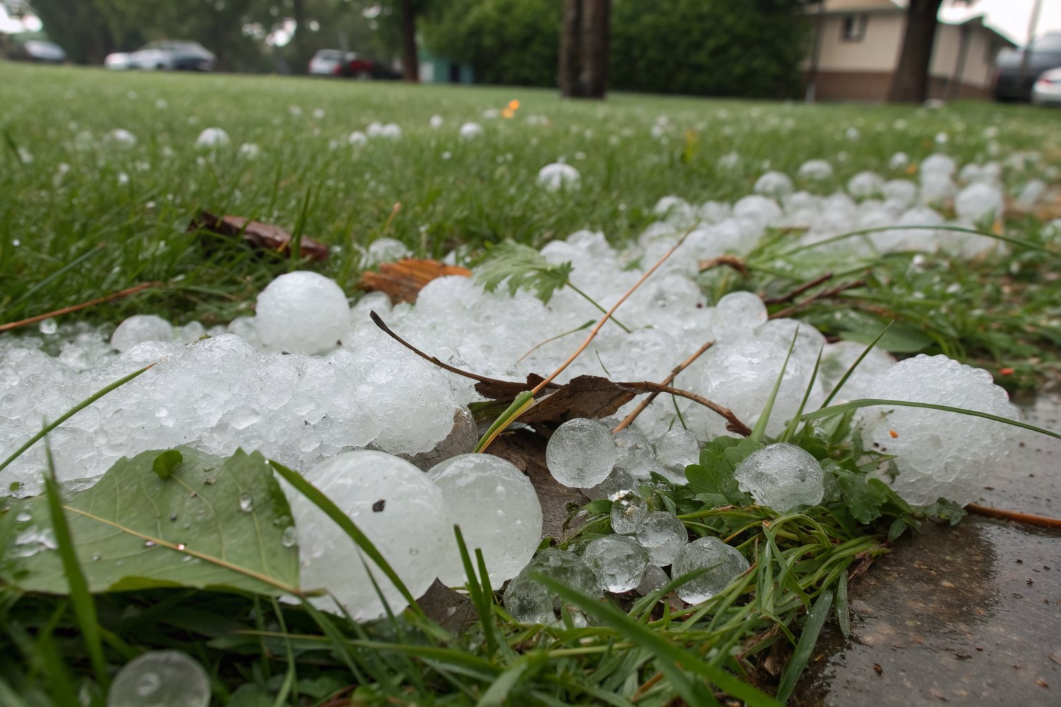 Large, lumpy hailstones scattered in wet grass after a storm