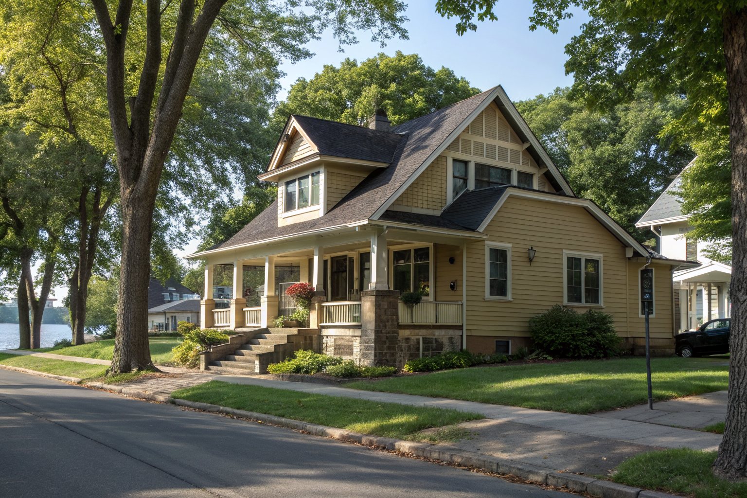 A 1920s craftsman bungalow with a deep porch, tan siding and a charcoal shingle roof on a leafy street near a lake