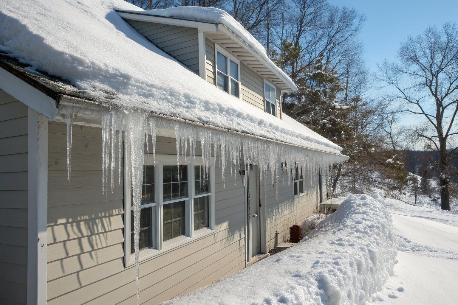 An ice dam and long icicles along the snowy eaves of a two-story house