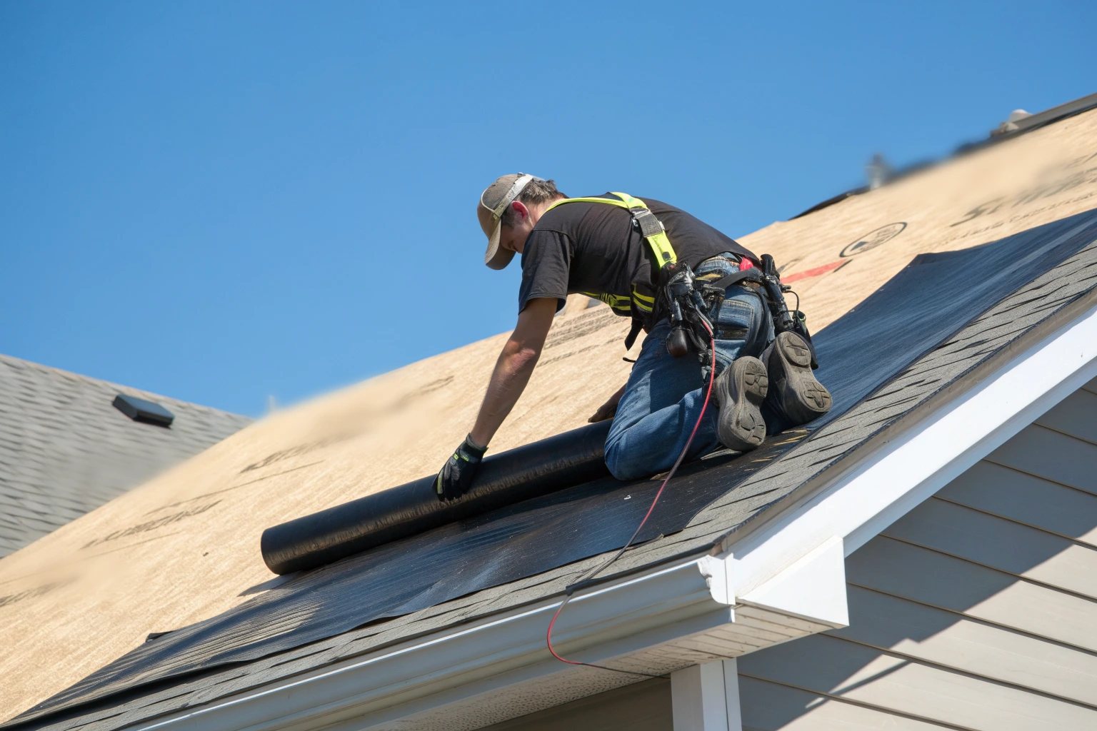 A roofer rolling out black ice-and-water barrier along the eaves over new roof decking