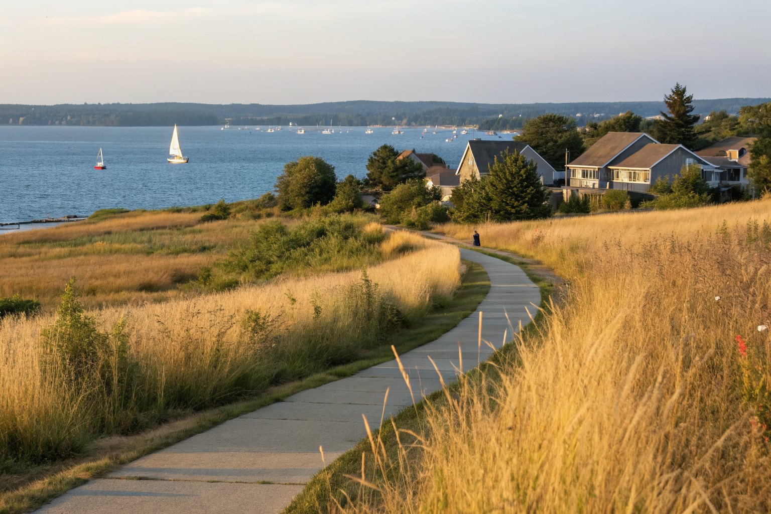 A lakeshore path through prairie grass with shingle-roofed homes and sailboats on the water