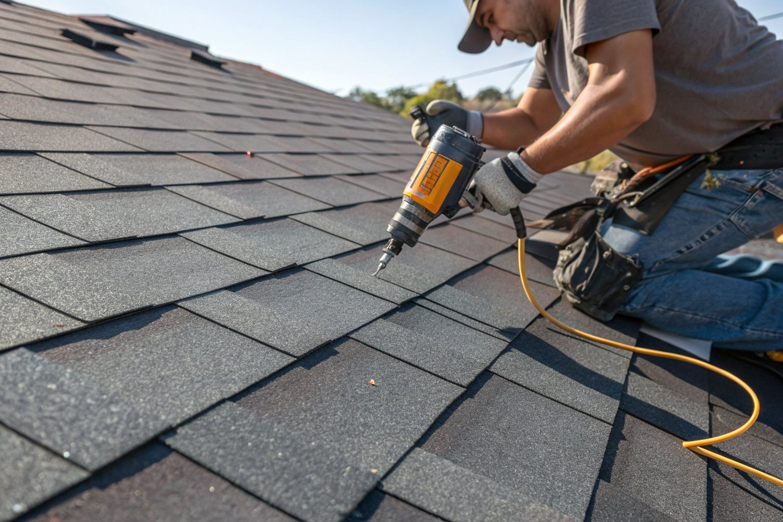 A roofer nailing new charcoal architectural shingles with a nail gun