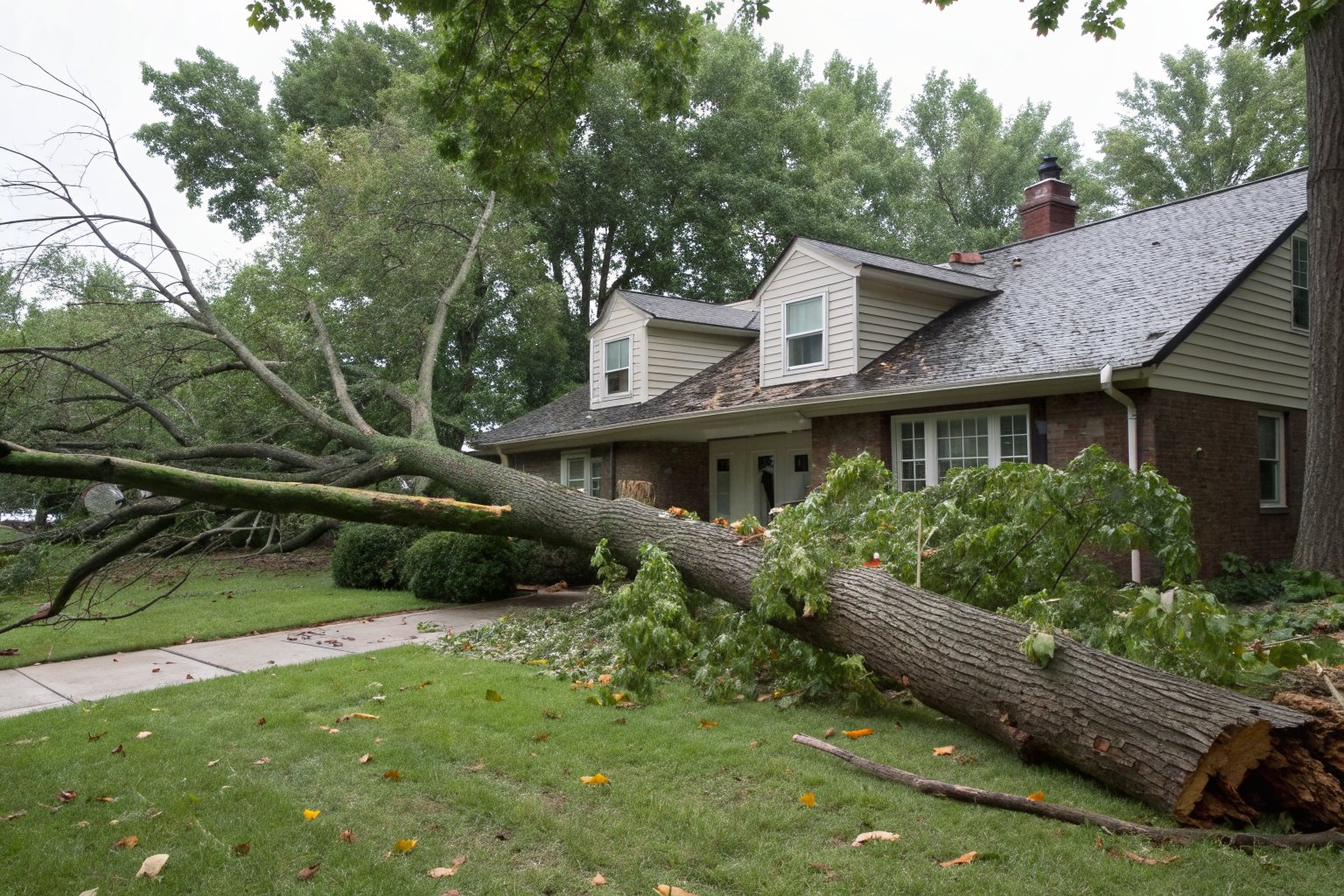 A fallen tree lying across the front lawn of a suburban house after a windstorm