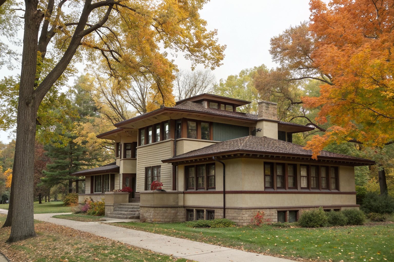 A Prairie School style house with a low hipped roof and wide overhanging eaves in autumn
