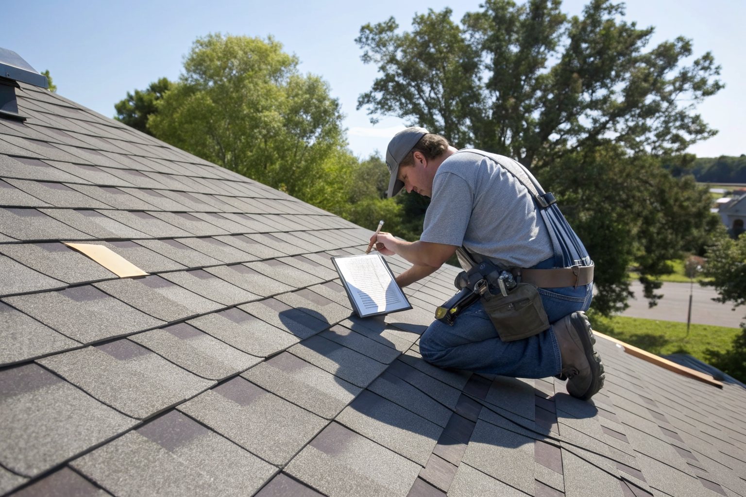 A roofer kneeling on a gray shingle roof and taking notes on a clipboard