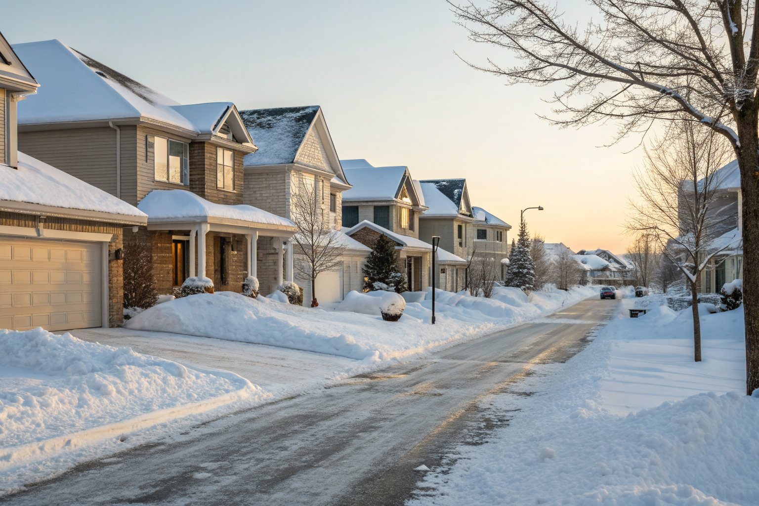 Newer two-story suburban homes with snow on their shingle roofs on a winter morning
