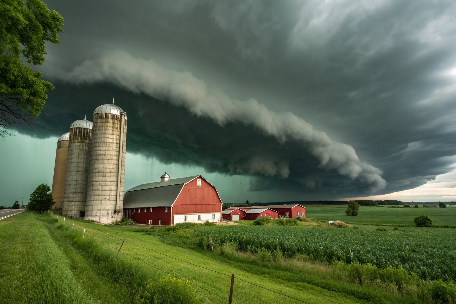 A dark shelf cloud rolling over a dairy farm with a red barn and two silos