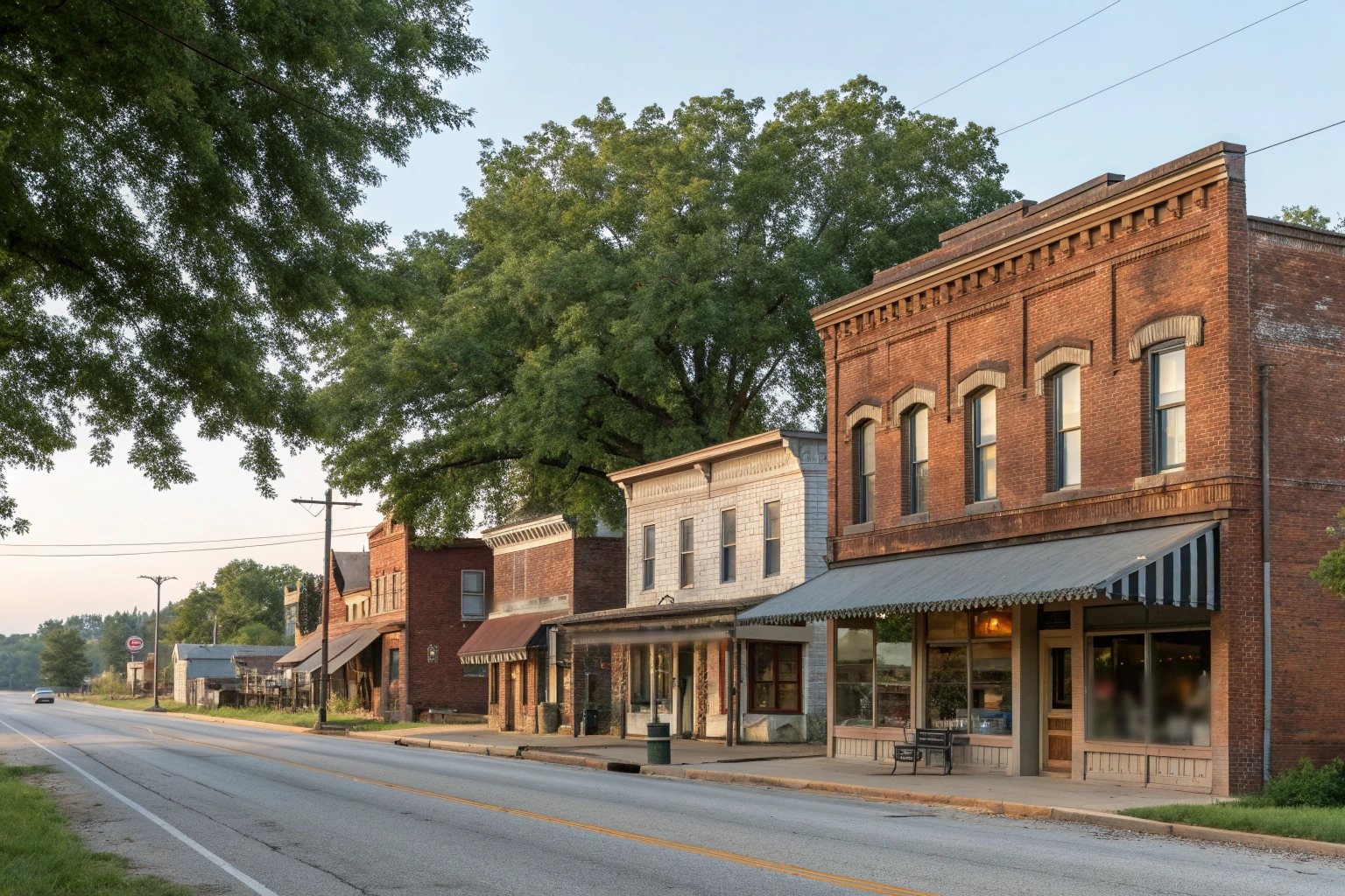A small-town main street with 1890s brick storefronts and big shade trees