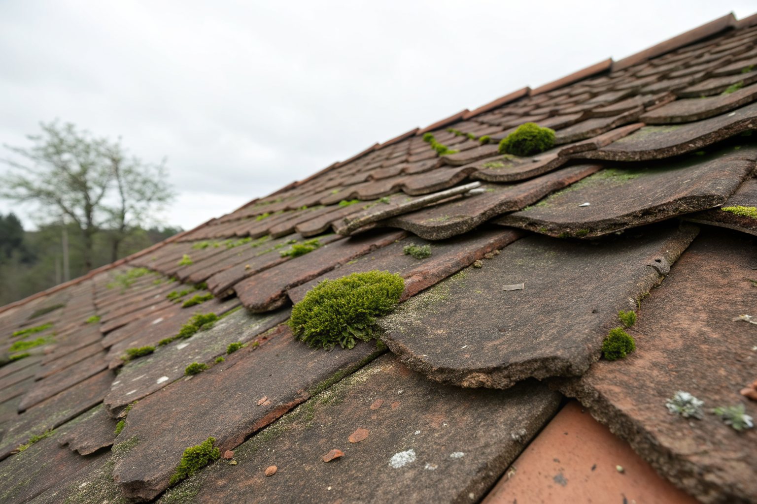 Close view of old, curling shingles with moss and worn edges